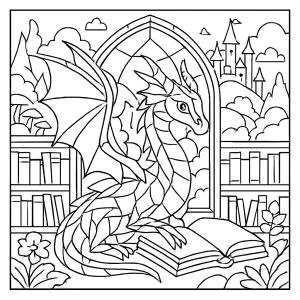 Fantasy omalovánka zdarma – skleněný drak v magické knihovně ke stažení a vybarvení