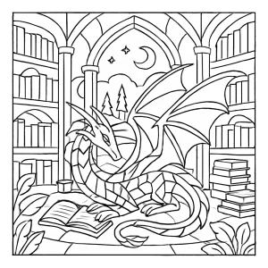 Glass Dragon Library omalovánka – coloring page s drakem a kouzelnou knihovnou k vytisknutí
