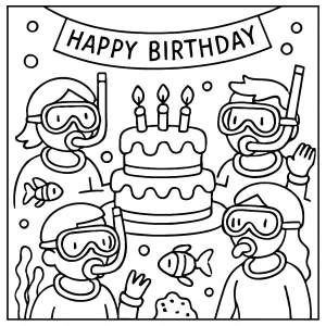 Podvodní neonová narozeninová párty – omalovánka pro děti, coloring page k vybarvení zdarma