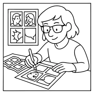 Omalovánka komiksového kreslíře při kreslení komiksových panelů ke stažení zdarma