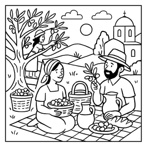 Řecko – sklizeň oliv omalovánka, coloring page zdarma k vytištění