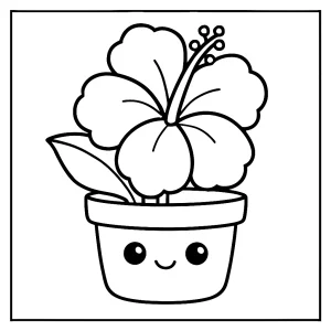 Kawaii hibiscus in a cute pot coloring page for kids to print and color