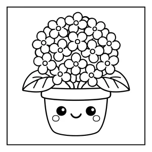 Omalovánka kawaii hortenzie v květináči, coloring page pro děti