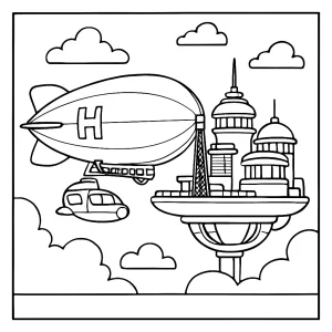 page de coloriage dirigeable rétro-futuriste amarré à un skyport flottant