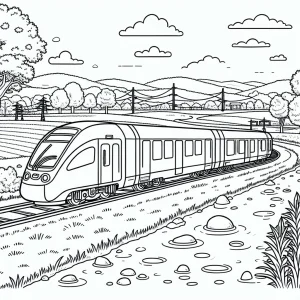 page de coloriage d'un train à hydrogène futuriste traversant la campagne avec des collines et des arbres