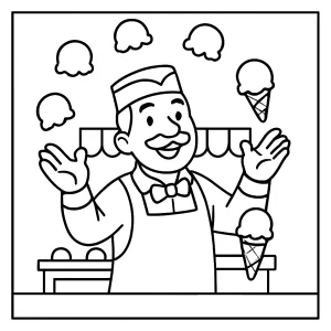 Omalovánka s majitelem zmrzlinárny žonglujícím kopečky zmrzliny – veselá coloring page pro děti zdarma