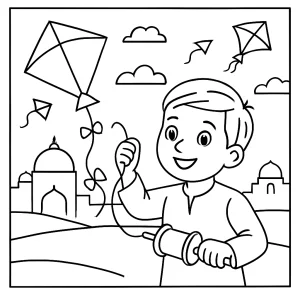 Omalovánka Indie – pouštění draků na Makar Sankranti, coloring page k vytištění zdarma