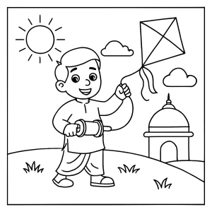 Omalovánka Indie: děti pouštějící draky na Makar Sankranti – coloring page k vytisknutí