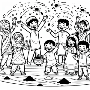 Holi Festival Malvorlage – coloring page mit Kindern, die Farbpulver werfen