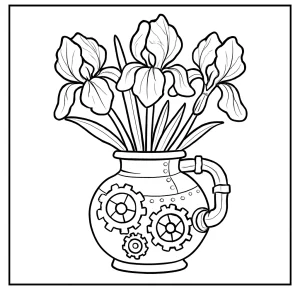 omalovánka iris ve steampunkové váze, coloring page k vybarvení a vytištění