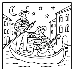 Gondola v Benátkách při večerní serenádě – omalovánka ke stažení zdarma
