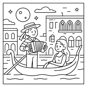 Omalovánka benátské gondoly při večerní serenádě – Italy coloring page