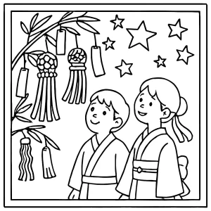 Tanabata japonský hviezdny festival – omalovánka pre deti, coloring page na vytlačenie zdarma