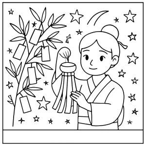 Tanabata Japan coloring page – omalovánka s japonským festivalem hvězd a bambusovými větvemi k vybarvení