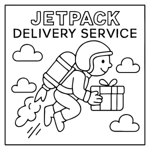 Jetpack doručovací služba omalovánka – coloring page s doručovatelem letícím na jetpacku, vhodné pro tisk a vybarvení