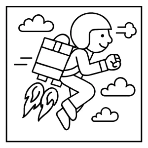 Omalovánka Jetpack Delivery Service – coloring page s létajícím doručovatelem pro děti k vytištění zdarma