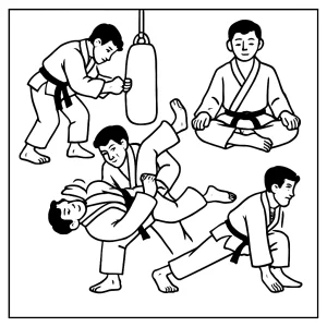 Judo athlete training montage scene coloring page – omalovánka se sportovcem při tréninku judo k vybarvení