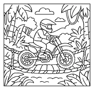 Omalovánka motokrosového jezdce přejíždějícího liánový most v džungli – coloring page zdarma k vytištění
