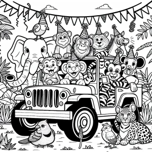 Jungle Safari Birthday Jeep coloring page – omalovánka s jeepem projíždějícím džunglí, zvířata v party čepičkách slaví narozeniny.
