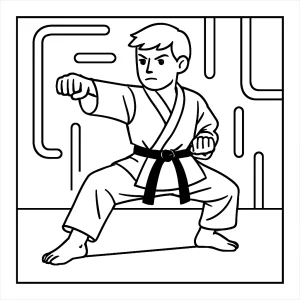 Omalovánka karatisty pod neonovými světly – coloring page pro tisk
