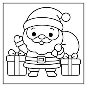Kawaii Weihnachtsmann mit Geschenken Malvorlage, kostenlose Weihnachts coloring page für Kinder zum Ausmalen