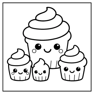 Kawaii Cupcake Familie Malvorlage – kostenlose coloring page zum Ausdrucken für Kinder