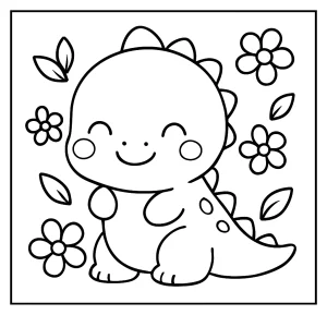 Kawaii Dinosaurier mit Blumen Malvorlage – coloring page zum kostenlosen Ausmalen für Kinder