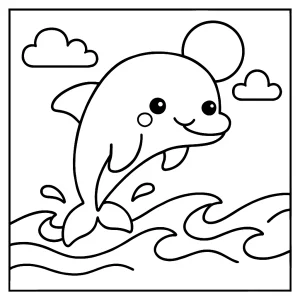 Malvorlage: Kawaii Delfin springt im Ozean – kostenlose coloring page zum Ausdrucken für Kinder