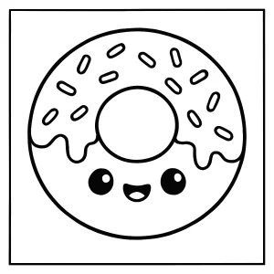Kawaii Donut Malvorlage mit fröhlichem Gesicht zum kostenlosen Ausmalen – coloring page für Kinder