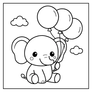 Malvorlage: Kawaii Elefant mit Luftballons zum Ausmalen für Kinder
