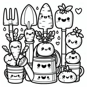 Kawaii Gartengeräte und Gemüse Malvorlage – coloring page zum Ausdrucken für Kinder