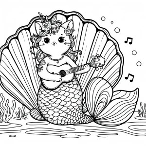 Kawaii mořská kočka hrající na ukulele na mušlovém pódiu – omalovánka zdarma k vytisknutí