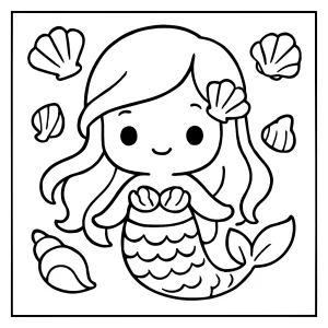 Kawaii Meerjungfrau mit Muscheln Malvorlage – kostenlose coloring page zum Ausdrucken