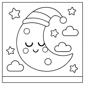 Malvorlage eines schlafenden Kawaii-Mondes – kostenlose coloring page zum Ausmalen für Kinder