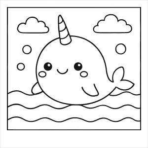 Kawaii Narwal im Ozean Malvorlage – kostenlose coloring page zum Ausmalen für Kinder