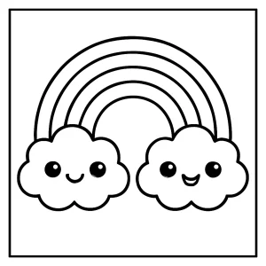 Kawaii Regenbogen mit Wolken Malvorlage – kostenlose coloring page zum Ausdrucken für Kinder