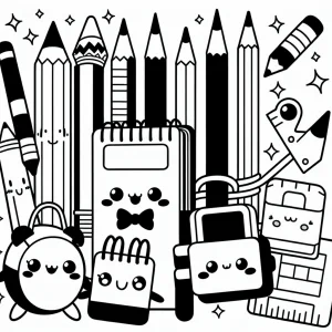 Kawaii pencils, notebook, and ruler waving hello