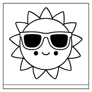 Kawaii Sonne mit Sonnenbrille Malvorlage – kostenlose coloring page zum Ausdrucken für Kinder