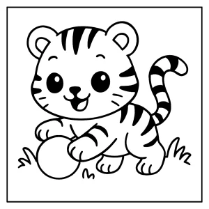Kawaii Tigerbaby beim Spielen Malvorlage – kostenlose Tiger coloring page zum Ausmalen für Kinder