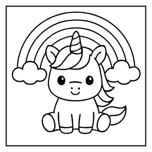 Kawaii Einhorn mit Regenbogen Malvorlage – kostenlose coloring page zum Ausdrucken für Kinder
