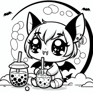 Kawaii upírsky netopier s boba čajom pod mesiacom - omaľovánka, coloring page pre deti