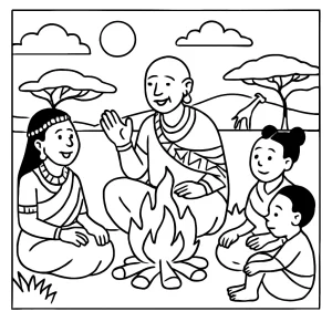 Kenya savanna storytelling omalovánka - coloring page s ľuďmi a zvieratami pri ohni