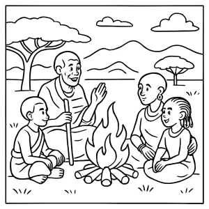 Kenya savanna storytelling omalovánka – coloring page s lidmi kolem ohně na africké savaně