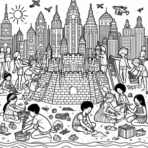 Malvorlage: Kinder bauen eine futuristische Sandburg-Stadt zum Ausmalen – kostenlose coloring page