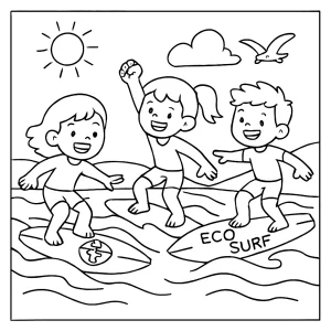 Omalovánka děti na eko-surfové soutěži, coloring page ke stažení a vybarvení zdarma