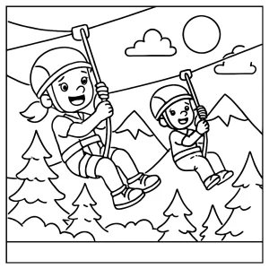 Děti sjíždějící na zipline v horách – omalovánka k vytištění pro děti zdarma