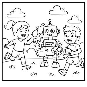 Děti a roboti v bitvě s vodními balónky - omalovánka zdarma k vytištění