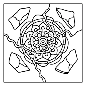 page de coloriage mandala Kintsugi doré représentant des éclats de poterie réparés, à imprimer gratuitement