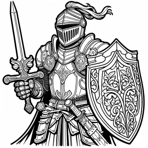page de coloriage chevalier courageux avec épée et bouclier à imprimer gratuitement