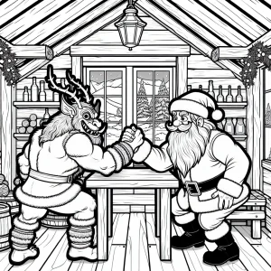 Krampus vs Santa coloring page – omalovánka s vánoční scénou u páky v hospůdce